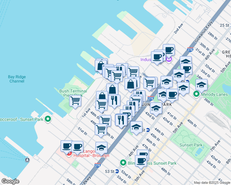 map of restaurants, bars, coffee shops, grocery stores, and more near 152 44th Street in Brooklyn