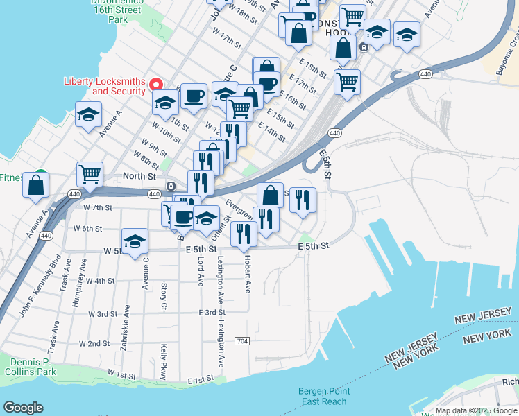 map of restaurants, bars, coffee shops, grocery stores, and more near 59 Evergreen Street in Bayonne