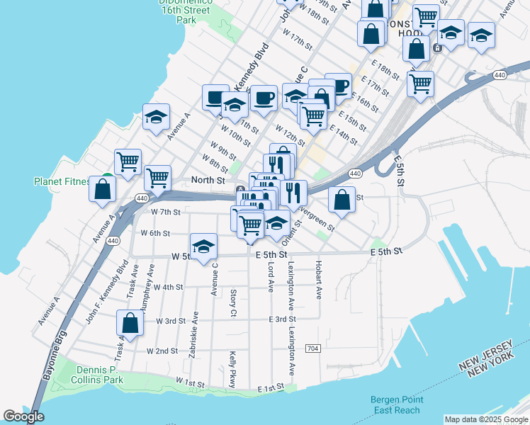 map of restaurants, bars, coffee shops, grocery stores, and more near 9 Silver Street in Bayonne