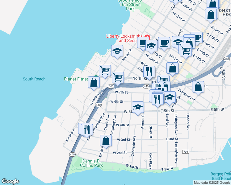 map of restaurants, bars, coffee shops, grocery stores, and more near 157 Humphrey Avenue in Bayonne