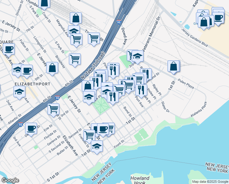 map of restaurants, bars, coffee shops, grocery stores, and more near 214 Bond Street in Elizabeth