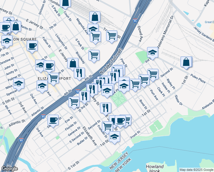 map of restaurants, bars, coffee shops, grocery stores, and more near 136 3rd Street in Elizabeth