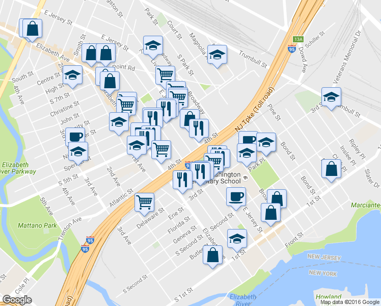 map of restaurants, bars, coffee shops, grocery stores, and more near 62 4th Street in Elizabeth