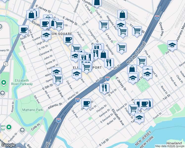 map of restaurants, bars, coffee shops, grocery stores, and more near 414 Marshall Street in Elizabeth