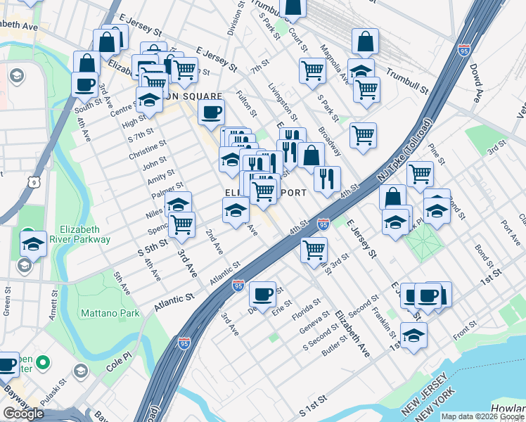 map of restaurants, bars, coffee shops, grocery stores, and more near 430 Elizabeth Avenue in Elizabeth