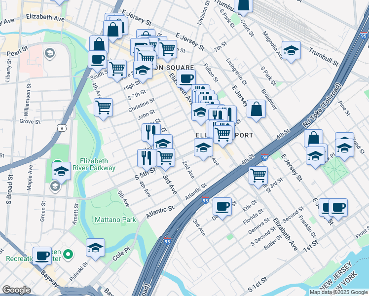 map of restaurants, bars, coffee shops, grocery stores, and more near 27 South 5th Street in Elizabeth