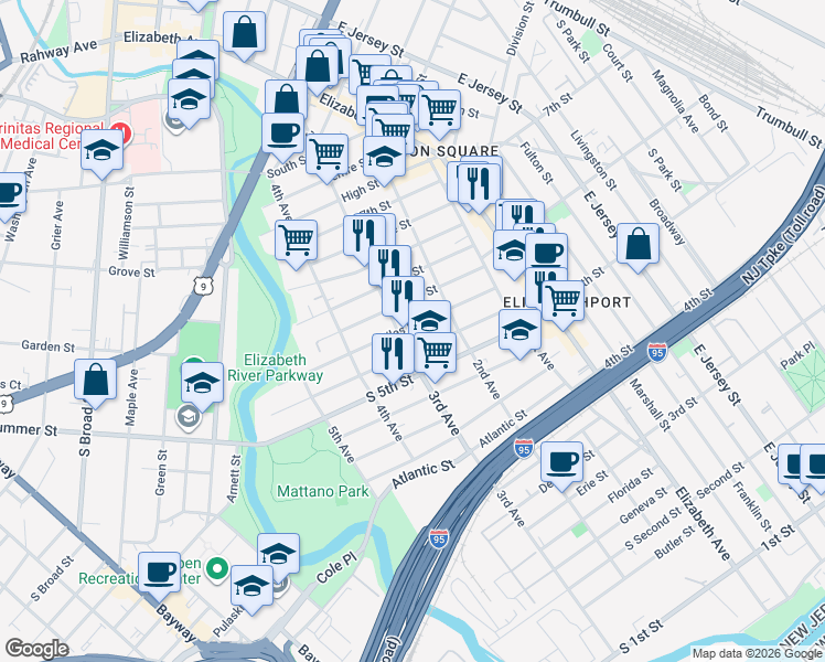 map of restaurants, bars, coffee shops, grocery stores, and more near 523 3rd Avenue in Elizabeth