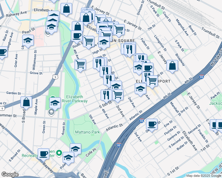 map of restaurants, bars, coffee shops, grocery stores, and more near 523 3rd Avenue in Elizabeth