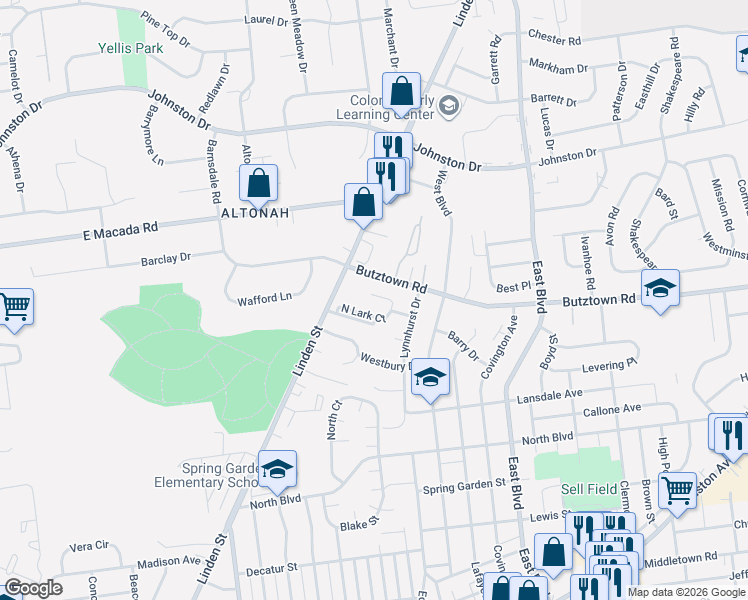 map of restaurants, bars, coffee shops, grocery stores, and more near 1a South Lark Court in Bethlehem