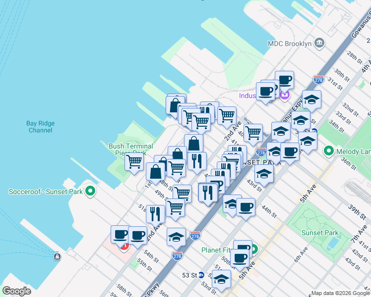 map of restaurants, bars, coffee shops, grocery stores, and more near 4473 1st Avenue in Brooklyn