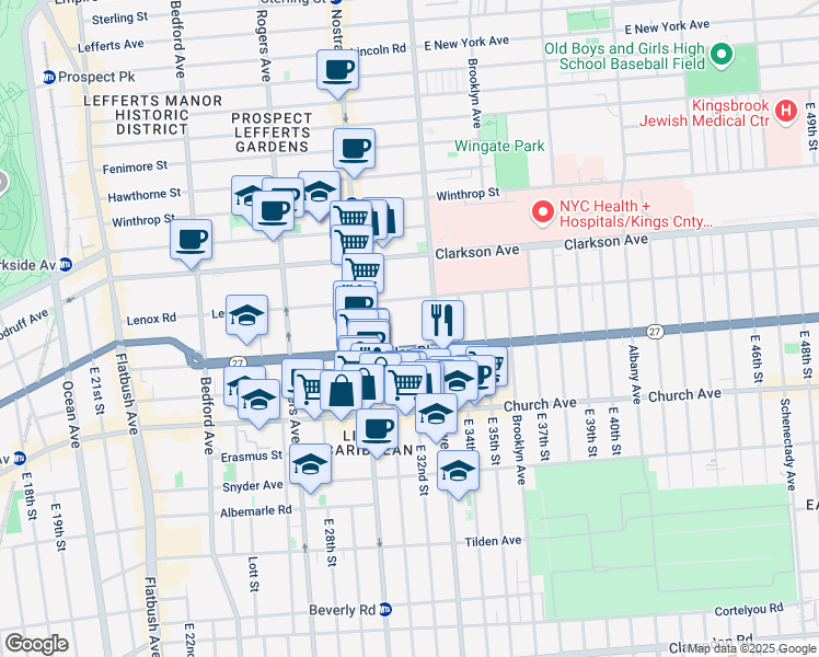 map of restaurants, bars, coffee shops, grocery stores, and more near 305 Linden Boulevard in Brooklyn
