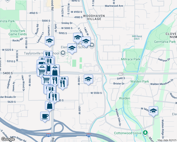 map of restaurants, bars, coffee shops, grocery stores, and more near 1412 West Telegraph Hill Drive in Taylorsville