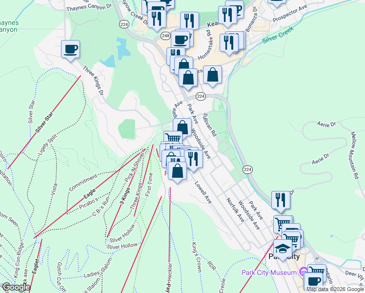 map of restaurants, bars, coffee shops, grocery stores, and more near 50 Shadow Ridge Road in Park City