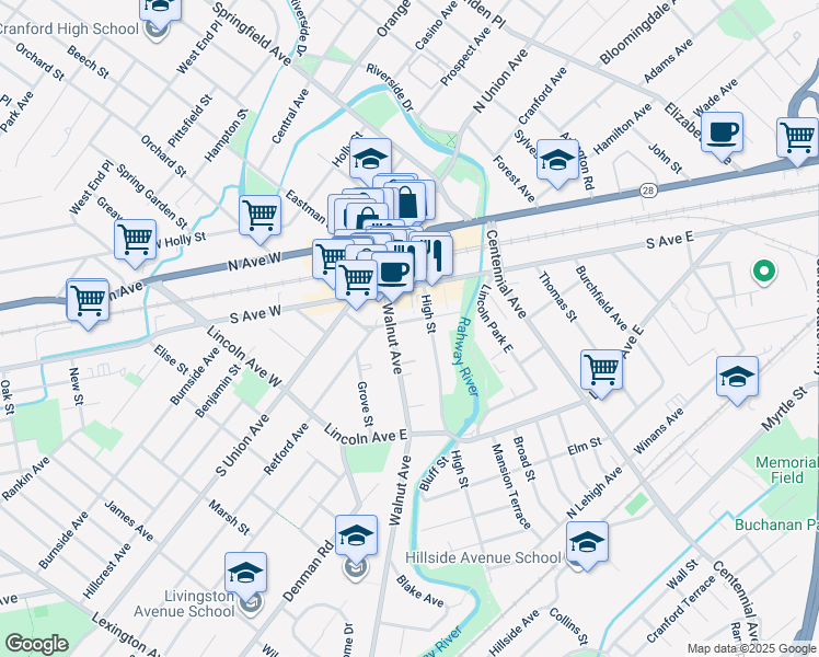 map of restaurants, bars, coffee shops, grocery stores, and more near 201 Walnut Avenue in Cranford