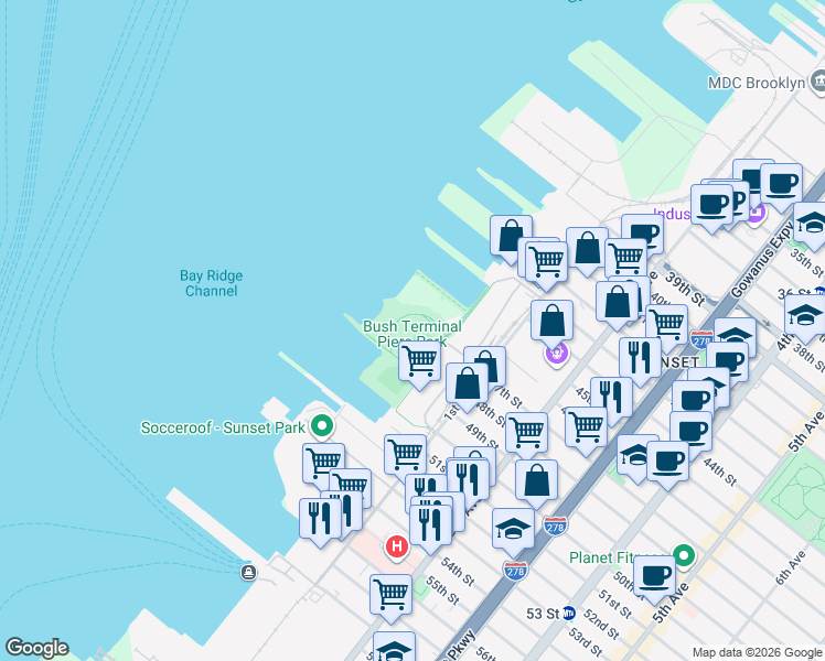 map of restaurants, bars, coffee shops, grocery stores, and more near 43rd Street in Brooklyn
