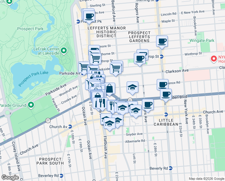 map of restaurants, bars, coffee shops, grocery stores, and more near 2192 Caton Avenue in Brooklyn