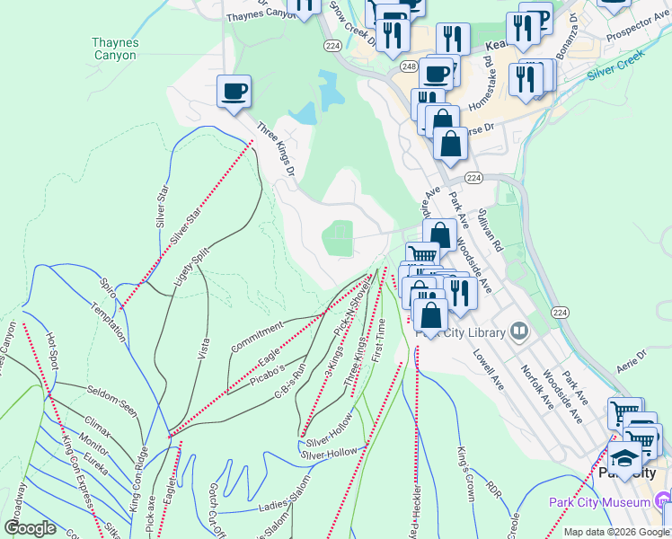map of restaurants, bars, coffee shops, grocery stores, and more near 405 Silver King Drive in Park City