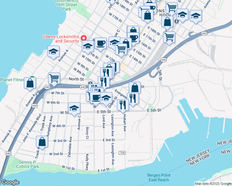 map of restaurants, bars, coffee shops, grocery stores, and more near 205 Orient Street in Bayonne