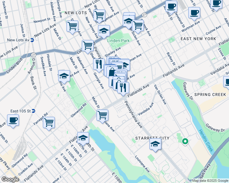 map of restaurants, bars, coffee shops, grocery stores, and more near 1130 Pennsylvania Avenue in Brooklyn