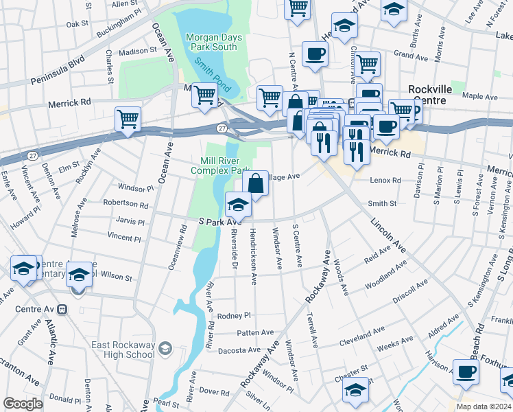 map of restaurants, bars, coffee shops, grocery stores, and more near 35 Hendrickson Avenue in Rockville Centre
