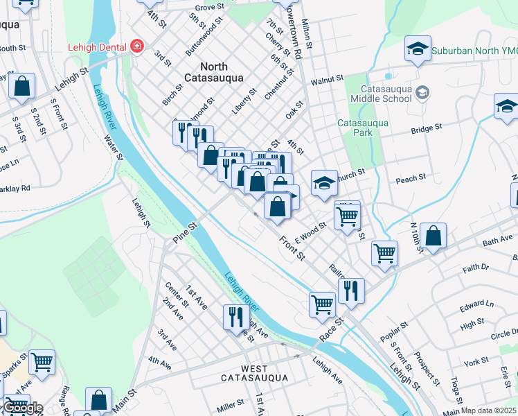 map of restaurants, bars, coffee shops, grocery stores, and more near 427 Front Street in Catasauqua