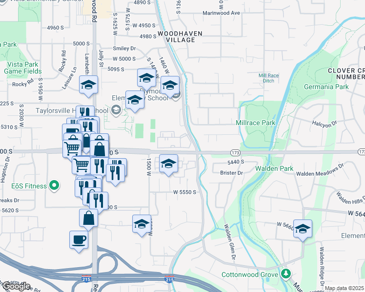 map of restaurants, bars, coffee shops, grocery stores, and more near 1354 West Telegraph Hill Drive in Taylorsville