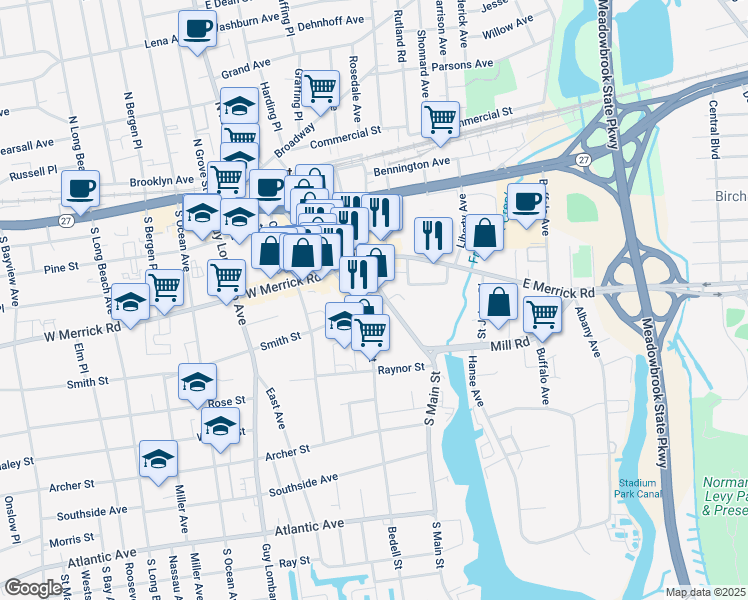 map of restaurants, bars, coffee shops, grocery stores, and more near 190 South Main Street in Freeport