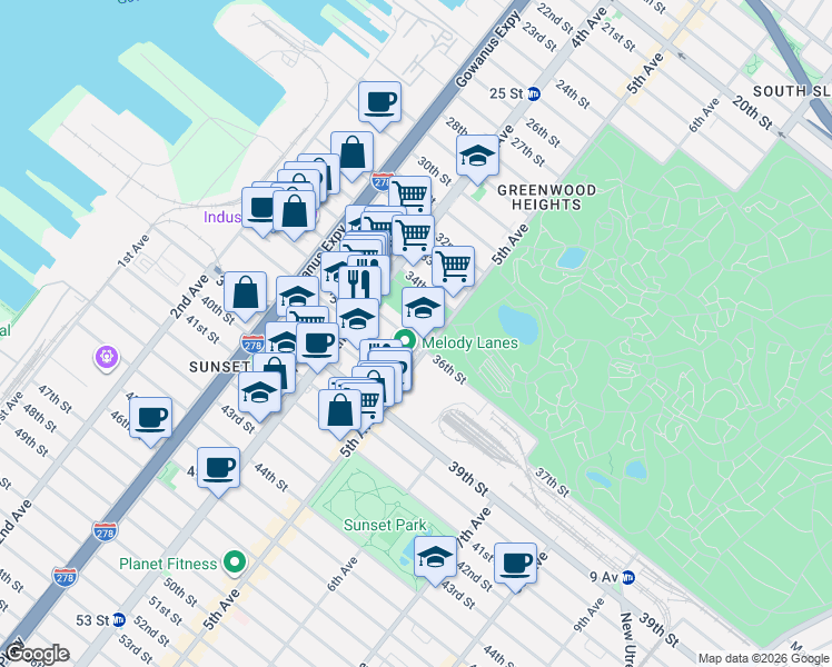 map of restaurants, bars, coffee shops, grocery stores, and more near 842 5th Avenue in Brooklyn