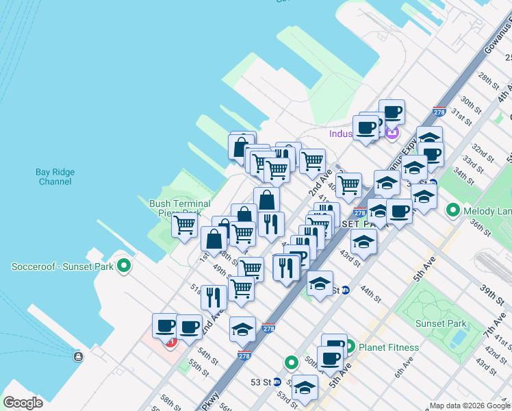 map of restaurants, bars, coffee shops, grocery stores, and more near 4473 1st Avenue in Brooklyn