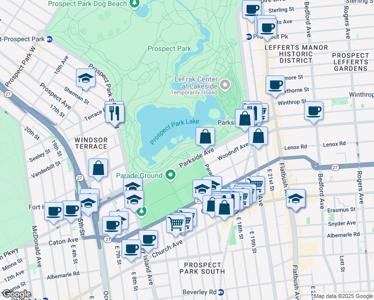 map of restaurants, bars, coffee shops, grocery stores, and more near S Lake Dr in Brooklyn