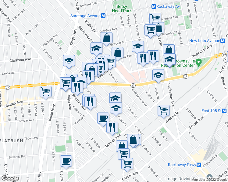 map of restaurants, bars, coffee shops, grocery stores, and more near East 95th Street & Avenue A in Brooklyn