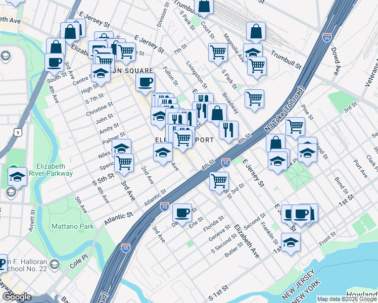 map of restaurants, bars, coffee shops, grocery stores, and more near 430 Elizabeth Avenue in Elizabeth