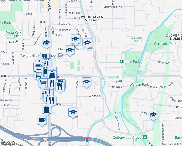 map of restaurants, bars, coffee shops, grocery stores, and more near 1370 West Telegraph Hill Drive in Taylorsville