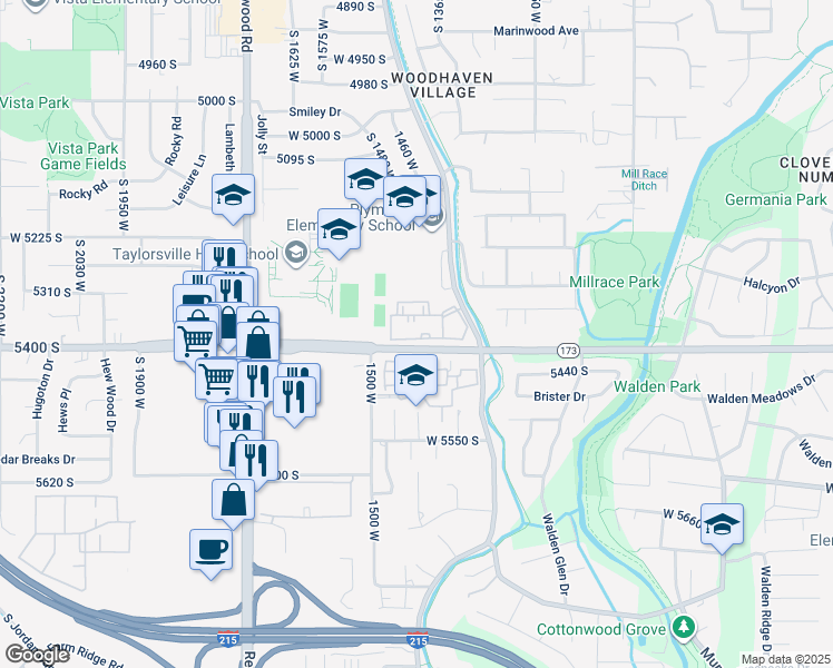 map of restaurants, bars, coffee shops, grocery stores, and more near 1406 West Telegraph Hill Drive in Taylorsville