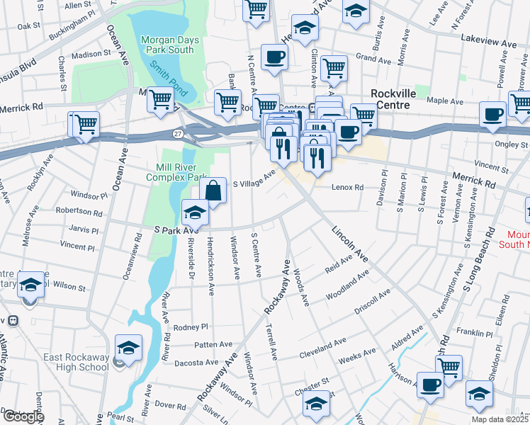 map of restaurants, bars, coffee shops, grocery stores, and more near 99 South Park Avenue in Rockville Centre