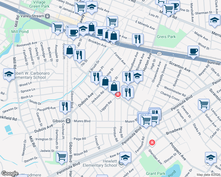 map of restaurants, bars, coffee shops, grocery stores, and more near 965 Rockaway Avenue in Valley Stream