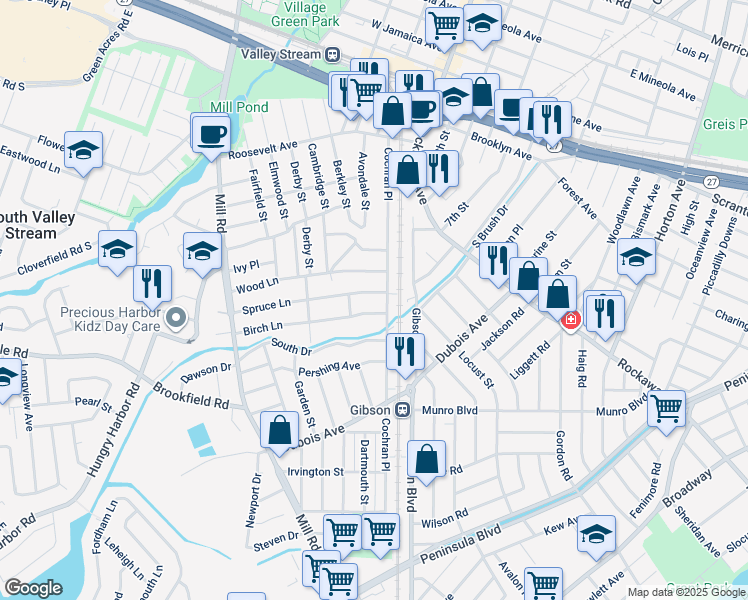map of restaurants, bars, coffee shops, grocery stores, and more near 186 Cochran Place in Valley Stream