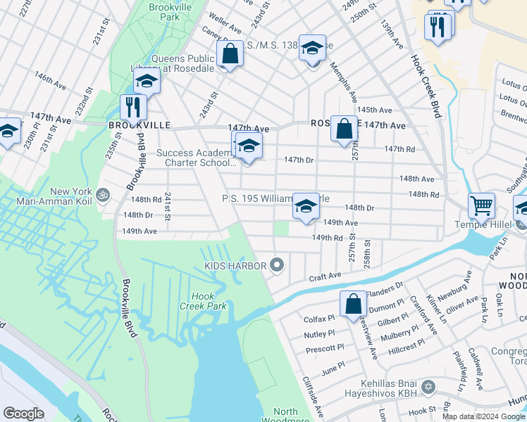 map of restaurants, bars, coffee shops, grocery stores, and more near 245-46 149th Avenue in Queens