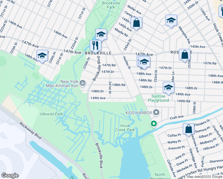 map of restaurants, bars, coffee shops, grocery stores, and more near 241-06 148th Drive in Queens