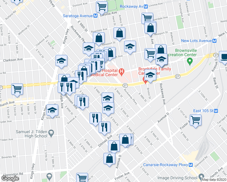 map of restaurants, bars, coffee shops, grocery stores, and more near 622 East 95th Street in Brooklyn
