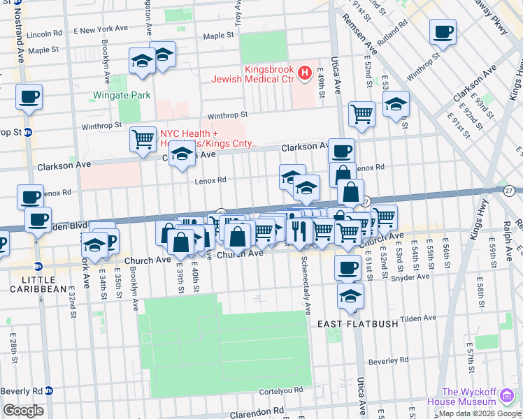 map of restaurants, bars, coffee shops, grocery stores, and more near Linden Blvd & E 42nd St in Brooklyn