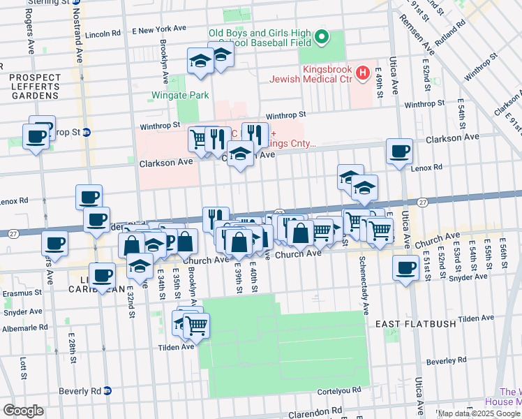 map of restaurants, bars, coffee shops, grocery stores, and more near 520 Linden Boulevard in Brooklyn