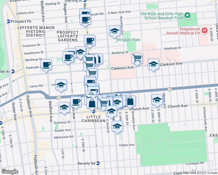 map of restaurants, bars, coffee shops, grocery stores, and more near 335 Linden Boulevard in Brooklyn