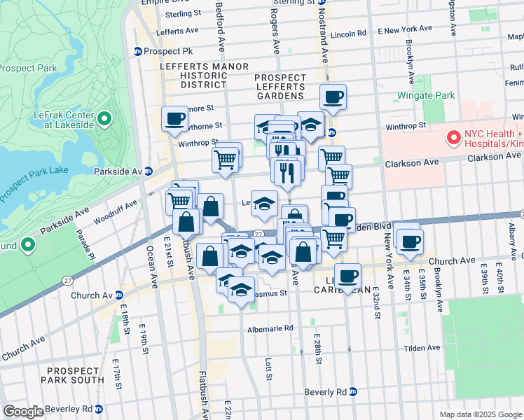 map of restaurants, bars, coffee shops, grocery stores, and more near 135 Linden Boulevard in Brooklyn