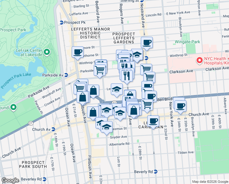 map of restaurants, bars, coffee shops, grocery stores, and more near 135 Linden Boulevard in Brooklyn