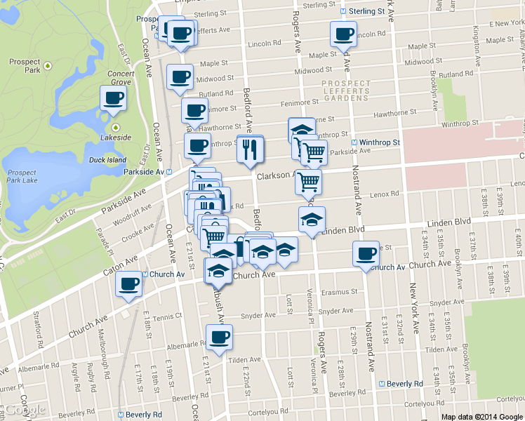 map of restaurants, bars, coffee shops, grocery stores, and more near 2101 Bedford Avenue in Brooklyn