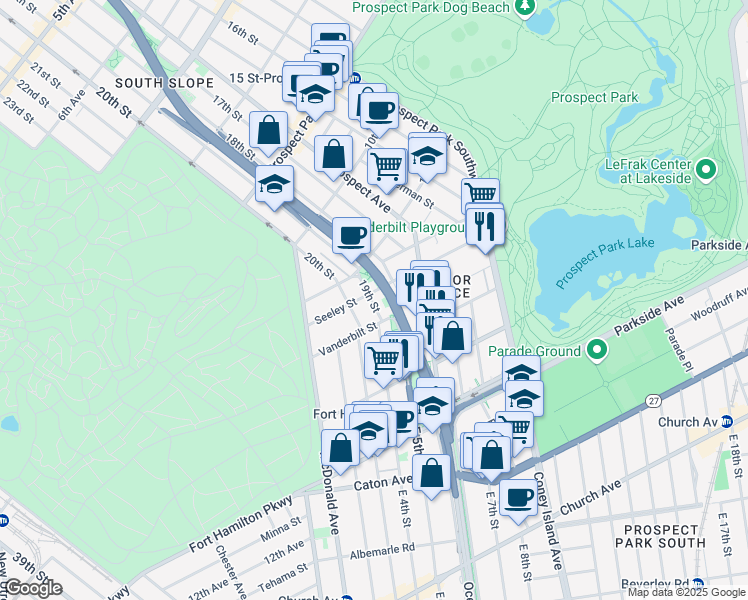 map of restaurants, bars, coffee shops, grocery stores, and more near 648 19th Street in Brooklyn