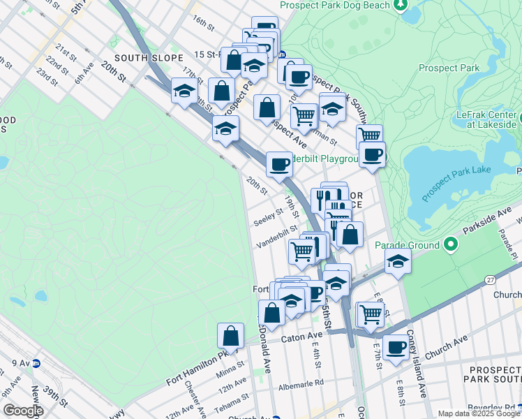 map of restaurants, bars, coffee shops, grocery stores, and more near 42 Seeley Street in Brooklyn