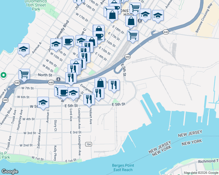 map of restaurants, bars, coffee shops, grocery stores, and more near 111 Linnet Street in Bayonne