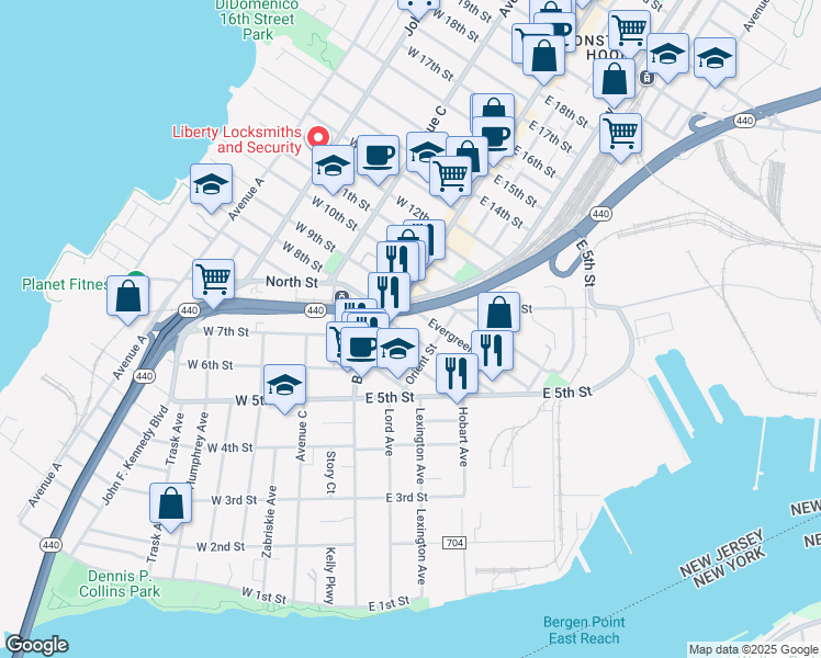 map of restaurants, bars, coffee shops, grocery stores, and more near 193 Orient Street in Bayonne